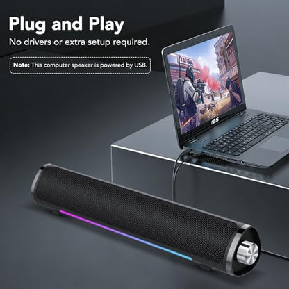 aowoka Computer Speakers, USB Powered PC Speakers, Hi-Fi Stereo Computer Sound Bar with Bluetooth & 3.5mm Aux, Computer Desktop Speaker with Multifunctional Knob，Gaming Speakers for pc, Laptop