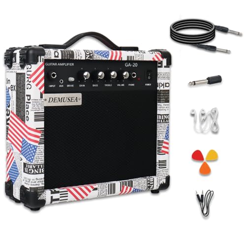 20W Electric Guitar Amplifier Flag Amp Practice Small Portable Travel Mini with Headphone Jack Aux Distortion Gain Treble Bass Volume With 3 Meters Cable Audio Adapter Picks Aux Cable Earphone - color: Flag