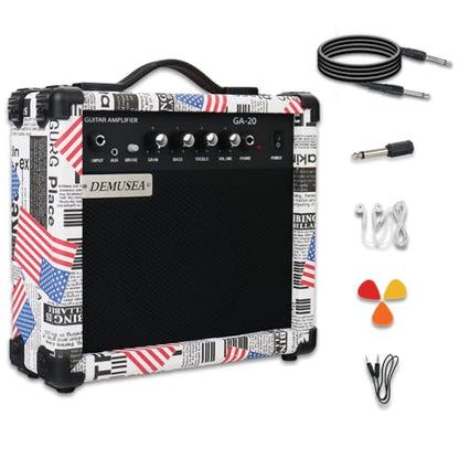 20W Electric Guitar Amplifier Flag Amp Practice Small Portable Travel Mini with Headphone Jack Aux Distortion Gain Treble Bass Volume With 3 Meters Cable Audio Adapter Picks Aux Cable Earphone - color: Flag
