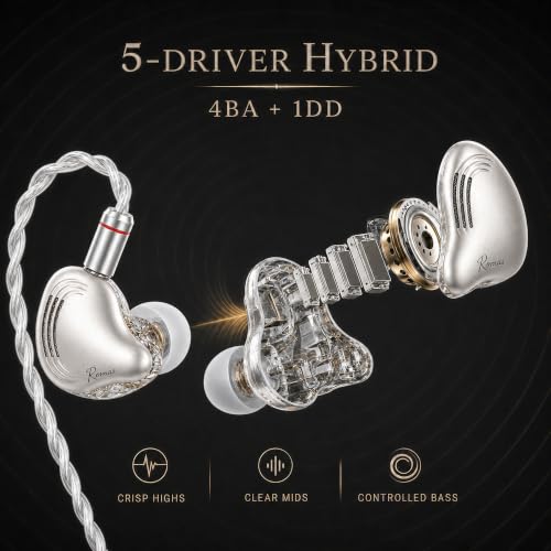 Rosmas HiFi Earbuds with Mic, USB-C Wired Earbuds HiFi Earphones,SM10 Pro 5-Driver Hybrid IEM Earphones, 4BA+1DD Driver System, Detachable 2-Pin Cable, in Ear Monitors for Gaming Music Calls - color: silver&USB-C