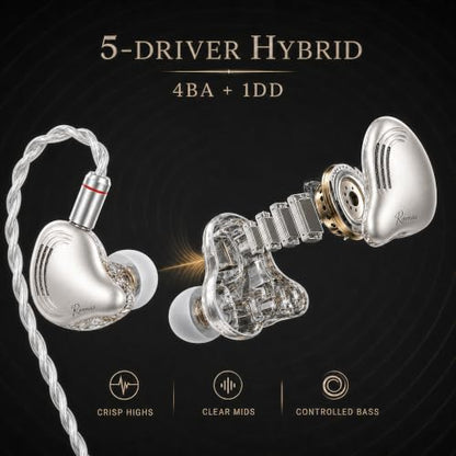 Rosmas Wired Earbuds with Mic, USB-C Wired Earbuds HiFi Earphones,SM10 Pro 5-Driver Hybrid IEM Earphones, 4BA+1DD Driver System, Detachable 2-Pin Cable, in Ear Monitors for Gaming Music Calls，Sliver - color: Silver