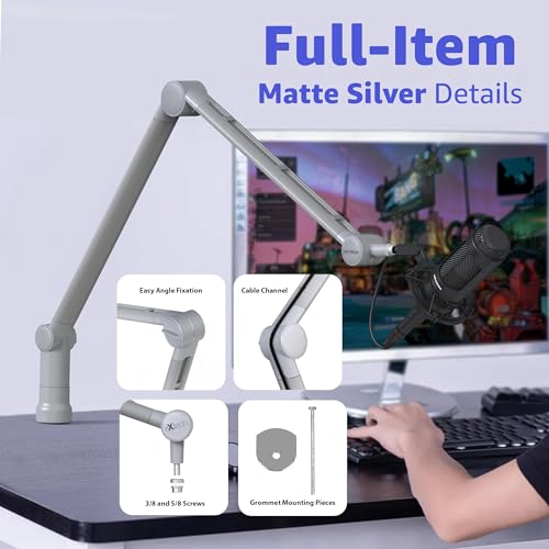 Boom Arm - Adjustable 360° Rotatable Microphone Sturdy Stainless Steel Mic Desk, Table Stand Foldable Scissor Stable Mount Arms for Radio Studio, Podcast, Gaming (MATTE SILVER) - color: Matte Silver