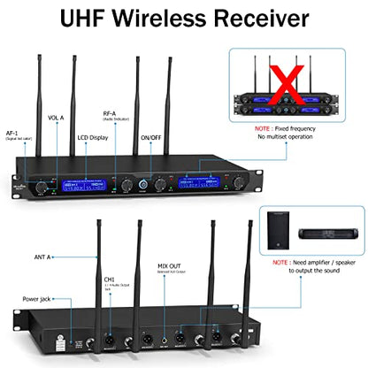 MicrocKing 4 Channel UHF Wireless Microphone System, 4 Handheld Wireless Microphones with Receiver, 400ft Long Range, Professional Dynamic Mic Set for Church, Conference, Wedding, Karaoke and Speech - style: 4 Handheld mics