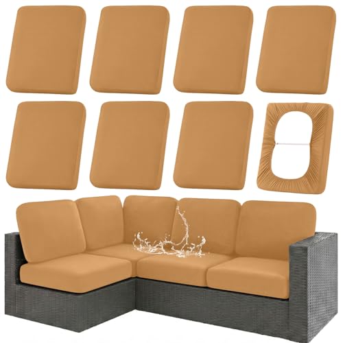Waterproof Outdoor Cushion Covers, Stretch Patio Slipcovers | UV Resistant Coating, Stretch Fabric, Waterproof Protection, Replacement Covers, Fits Patio Furniture Cushions (8 Pieces) - color: Camel, size: 8PCS