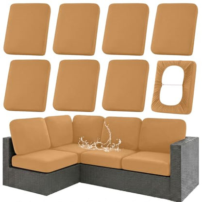 Waterproof Outdoor Cushion Covers, Stretch Patio Slipcovers | UV Resistant Coating, Stretch Fabric, Waterproof Protection, Replacement Covers, Fits Patio Furniture Cushions (8 Pieces) - color: Camel, size: 8PCS
