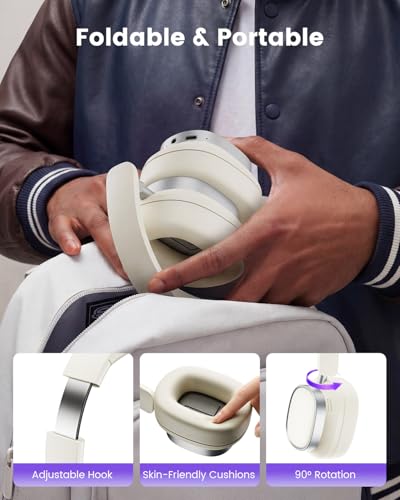 Active Noise Cancelling Headphones,78H Over Ear Headset | Bluetooth 6.0,Hi-Res,Low Latency,Foldable Bluetooth Headphones,Ideal for Travel,Workout,Office,Cellphone PC,Vanilla White - color: Vanilla White