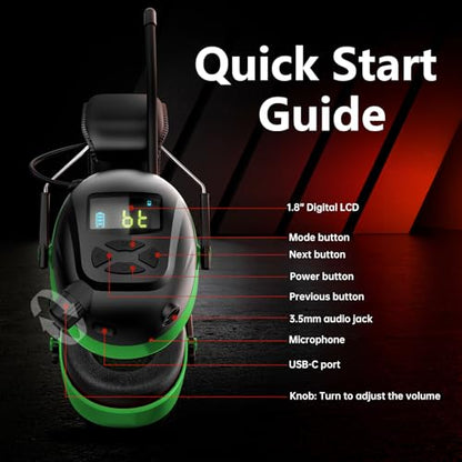Bluetooth 6.0 AM/FM Hearing Protection, Radio Headphones with Digital Display, 30 SNR Noise Reduction Safety Earmuffs with Rechargeable 2000 mAh Large Battery, Ear Protector for Mowing Lawn Work - color: Green