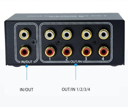No Noise 4 Way 1 in 4 Out or 4 in 1 Out Audio Sound selector RCA Female Stereo 4 Channel Splitter switcher Box Switching No External Power - size: 4way-rca