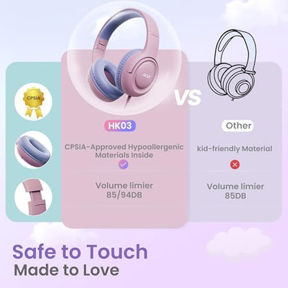 Acer Kids Headphones for School, 85-94dB Limiter, 3.5mm Jack, w/Mic HK03 | Foldable Wired Over Ear Headphones, for Toddler School/Tablet/iPad/PC/Travel, Pink-Purple - color: Pink Purple