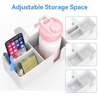 Desk Cup Holder Clamp with Headphone Hanger and Storage Tray | Clamp on design, rotating headphone hanger, detachable storage tray, cable holes, fits 5-50mm desks - color: White