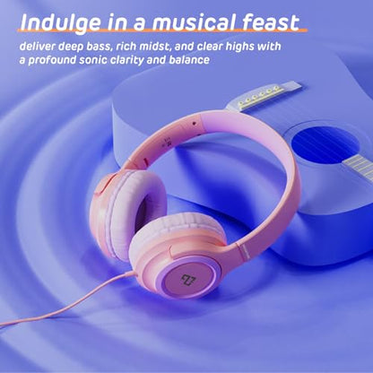 Kids Headphones with 3.5mm & USB C Headphones Kids for School, Over-Ear for Boy Girls, Adjustable Headband,Foldable,Built-in Mic, Safe Volume Wired Headphone for iPad/Travel/Classroom, ideal gift-Pink - color: Rose