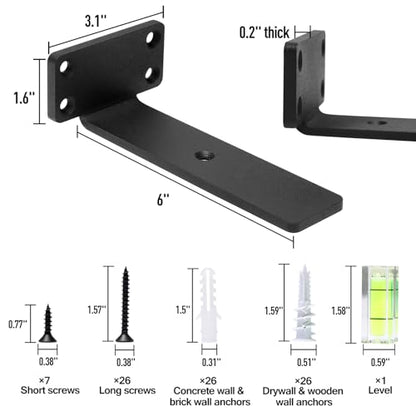 HITOMEN Heavy Duty Floating Shelf Brackets, 6-Inch (1/5'' Thick) Hidden Shelves Hardware, Cast Iron L Brackets, Rustic Industrial Black Metal Wall Shelving Supports, 6 Pack - size: 6 Inch, style: 6 Pack