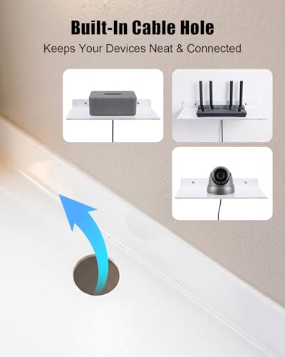 12" Floating Metal Wall Shelf 2-Pack, Router Shelf with Cable Hole | Wall Mount Floating Shelves for Speakers Books Plants Cameras WiFi Router, Home Office Bathroom Storage Organizer