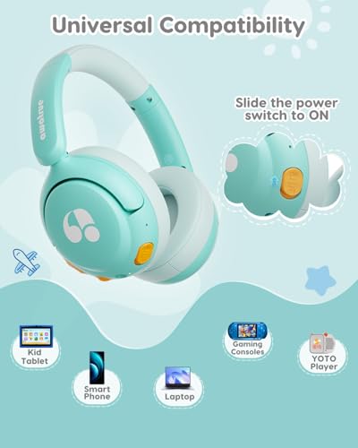 awatrue Kids Bluetooth Headphones, 85dB Volume Limiter, Green HK02 | Foldable Wireless, Bluetooth 5.4, 75H Playtime, Built-in Mic, for iPad & Travel - color: Green