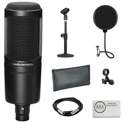 Audio-Technica AT2020 Cardioid Condenser Microphone Bundle with Pop Filter + XLR Cable + Microphone Desktop Stand + Microfiber Cleaning Cloth (5 Items) - style: Desktop Mic Stand