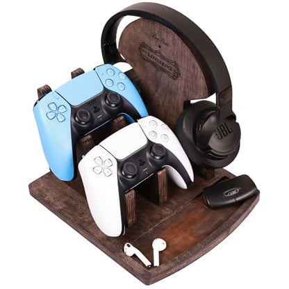 Personalized Wood Gaming Headset and Controller Stand for Desk - Headphone Controller Stand Wood Gift for Gamer - Custom Wooden Gaming Headset Stand (Walnut - PLAIN)
