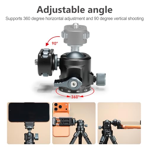 Tripod Metal Ball Head, 360° Rotating Base Adapter, Equipped with 1/4-inch Screw and Cold Shoe Mount, Compatible with Cameras, Smartphones and iPad Mounts, Max Load: 2.5kg/5.5 lbs