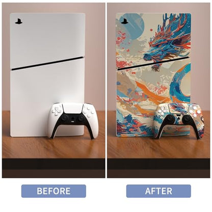 PlayVital Full Set Skin Sticker for ps5 Slim Console Disc Edition (The New Smaller Design), Vinyl Skin Decal Cover for ps5 Controller & Headset & Charging Station - Dragon's Elysium - color: Dragon's Elysium