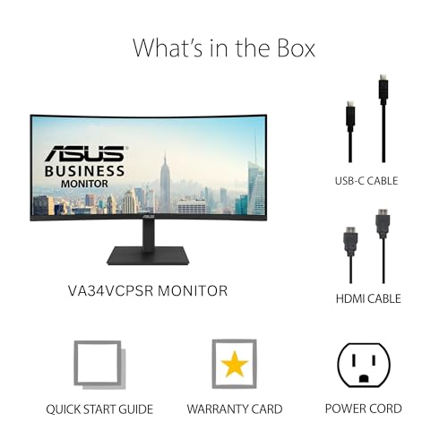 ASUS 34” Curved USB-C Docking Monitor (VA34VCPSR) - WQHD (3440x1440), 1500R Curvature, Frameless, USB-C PD 96W, RJ45, USB hub, Eye Care, Ergonomic, VESA Wall Mountable, 3 yr Warranty - style: 34" WQHD Docking Ergo