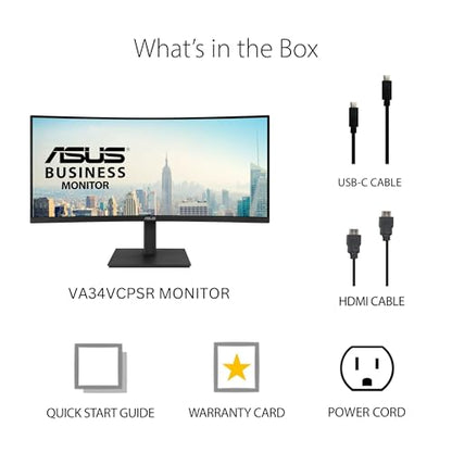 ASUS 34” Curved USB-C Docking Monitor (VA34VCPSR) - WQHD (3440x1440), 1500R Curvature, Frameless, USB-C PD 96W, RJ45, USB hub, Eye Care, Ergonomic, VESA Wall Mountable, 3 yr Warranty - style: 34" WQHD Docking Ergo