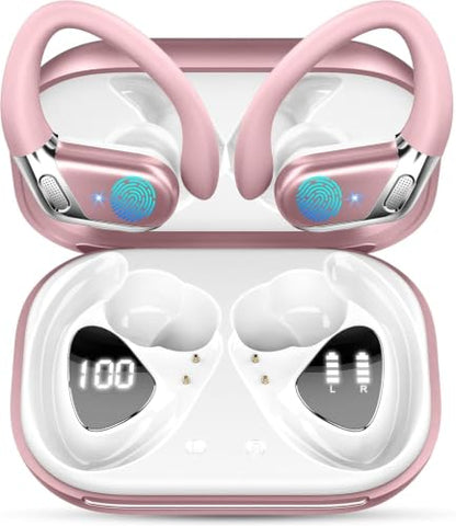Ear buds Wireless Earbuds, 2026 Bluetooth 5.4 headphones Sport 50 Hrs | Noise Cancelling Running Headphones, Over Ear Earbuds with Ear Hooks, Bluetooth Earphones with IP7 Waterproof for Android/iOS - color: Rose Gold-02