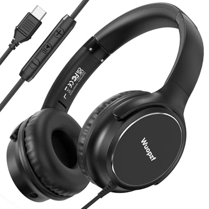 USB C Wired Over-Ear Headphones with Microphone | Volume Control, Share Port, Adjustable Headband Foldable Stereo Headset for Adult/Teens for iPhone 16, Laptop, Gaming, Travel - color: Black