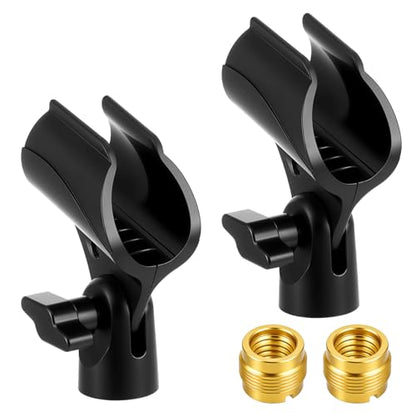 2 PCS Universal Microphone Clip, Adjustable Mic Clip Holder | for Mic Stand with 5/8" to 3/8" Screw Adapter, Anti-Slip Design for 30-35mm Handheld Wired & Wireless Microphones, Black
