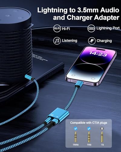 iPhone Headphone Adapter with Charge 2-in-1 Lightning to 3.5mm Female Aux | Audio Jack Dual Converter Mfi Certified Apple Dongle Splitter +Charger Adaptor for iPhone 14 Pro Max 13 12 11 XR XS iPad Mini - color: Blue