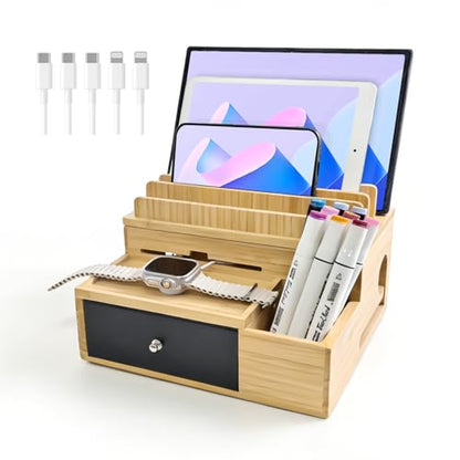 Bamboo Charging Station Organizer with Drawer and Pen Holder | Charging Stand Rack for Multi-Devices, Cable Organizer Box, Bedside Dock Stand Holder (Include 5 Cables)(No Power Adapter)