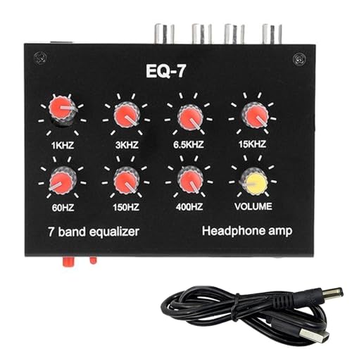EQ-7 Mini 7 Band Equalizer and Headphone Amp, RCA 3.5mm Input | TL074 and NE5532 chips, level knobs, 16 to 600 ohm drive, for home audio, speaker, and gaming setups.