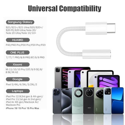 Fidioto USB C to 3.5mm Jack Adapter, USB C to Aux Audio Dongle Cable Compatible with iPhone 17/16/15 Pro Max/16/15 Pro/15/Samsung Galaxy S24/S23/S22/S21 Ultra/iPad Pro/Pixel 8 … - color: White, size: 1 Pack