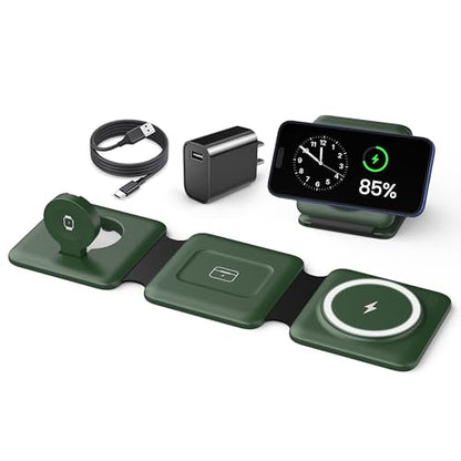 Iseyyox 3 in 1 Wireless Charger for iPhone - Foldable Charging Station Travel Charging Dock Compatible with iPhone 17 16 15 14 13 12 Pro Max Plus Watch & Airpods - color: Green