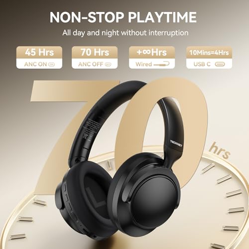 TECKNET Noise Cancelling Headphones Wireless & Wired, 70H Playtime Bluetooth Headphones Wireless Over Ear Built-in Mic,3.5mm Cable Dual Connection Foldable Headset for Home Office Travel, Light Black