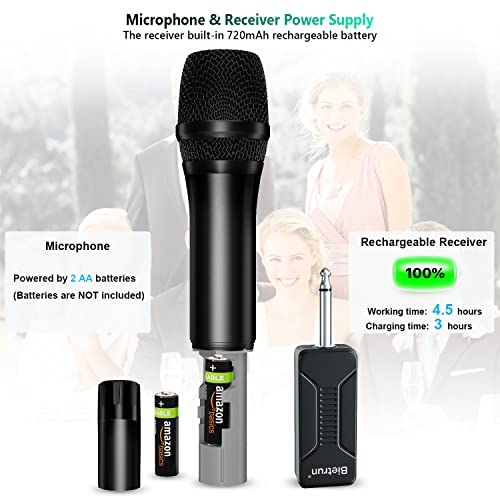 Bietrun Wireless Microphone Dynamic Mic System with Rechargeable Receiver, 1/4" Output, for Karaoke, Church, Speech, Wedding, Party Singing(160 ft Range)-Auto Connect - color: Black Red