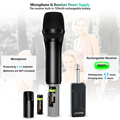 Bietrun Wireless Microphone Dynamic Mic System with Rechargeable Receiver, 1/4" Output, for Karaoke, Church, Speech, Wedding, Party Singing(160 ft Range)-Auto Connect - color: Black Red