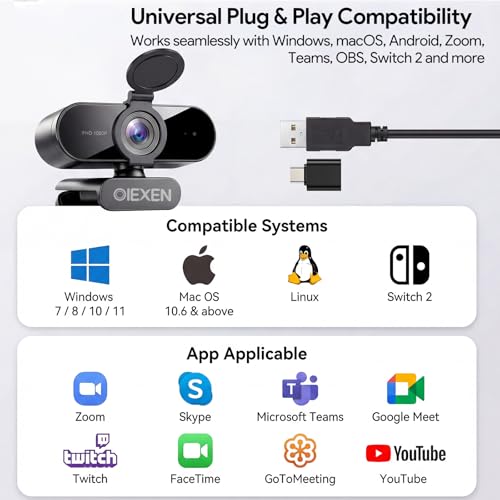 1080P Webcam with Microphone Noise Reduction Auto Exposure | 90°FOV Wide Angle Privacy Cover,USB-A to C Adapter,Plug & Play Streaming Camera for PC/Mac/Switch 2,Zoom/Teams/Skype/Meetings - size: 1080p