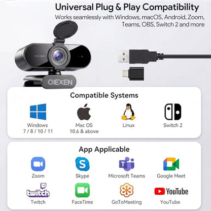 1080P Webcam with Microphone Noise Reduction Auto Exposure | 90°FOV Wide Angle Privacy Cover,USB-A to C Adapter,Plug & Play Streaming Camera for PC/Mac/Switch 2,Zoom/Teams/Skype/Meetings - size: 1080p