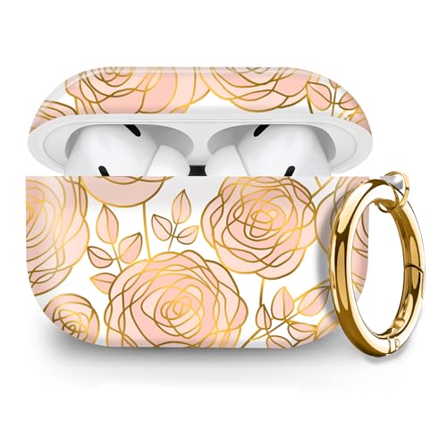 Cute Hard Case Compatible with AirPods Pro 2nd/1st Generation, Protective Cover with Golden Keychain, Fits 2023/2022/2019 Models, for Women, Girls, and Men(Gold Flower - color: Gold Flower