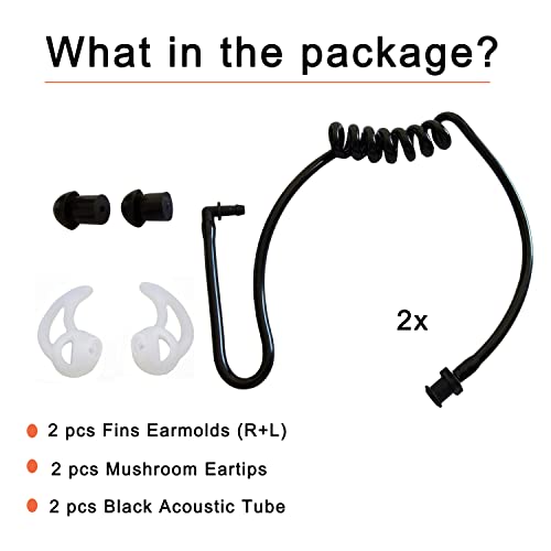 Black Earpiece Replacement Acoustic Tube FBI Style for Two-Way Radio | 2 Pack Radio Earpiece Acoustic Tube, Fins Ear Mold for Motorola Kenwood Walkie Talkie Headsets - color: Black-Fins