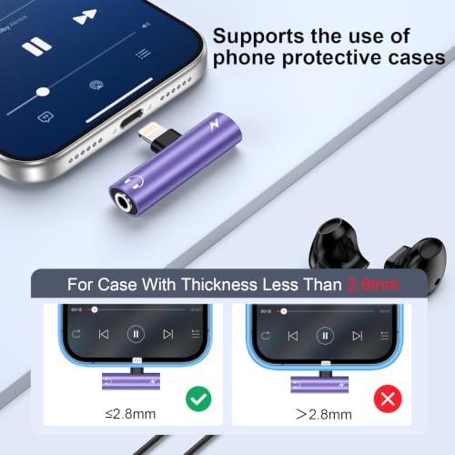 [Apple MFi Certified] 2in1 Lightning to 3.5mm Headphone Adapter and Charger | Lightning to Aux Jack Adapter & Fast Charger iPhone Dongle Audio Splitter for iPhone 14 13 12 11 Pro XR XS Max X 8 7 6 - color: Purple