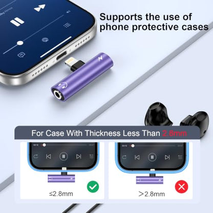 [Apple MFi Certified] 2in1 Lightning to 3.5mm Headphone Adapter and Charger | Lightning to Aux Jack Adapter & Fast Charger iPhone Dongle Audio Splitter for iPhone 14 13 12 11 Pro XR XS Max X 8 7 6 - color: Purple