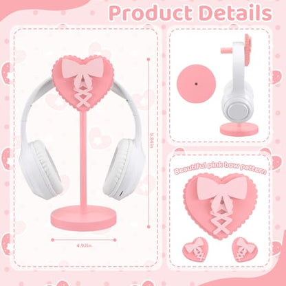 Kingdder Pink Heart Bow Headphone Stand Cute Wood Headphone Stand Holder | Decorative Desk Accessory for Gamer Room Office, Adorable Headphone Organizer, Gift for Young Women Teacher Girlfriend - style: Heart Bow