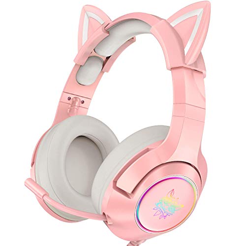 PHNIXGAM Pink Girl Gaming Headset for PS4, PS5, Wired Over-Ear Headphones with Detachable Cat Ears, Noise Cancelling Microphone, RGB Backlight, Surround Sound for PC