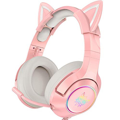 PHNIXGAM Pink Girl Gaming Headset for PS4, PS5, Wired Over-Ear Headphones with Detachable Cat Ears, Noise Cancelling Microphone, RGB Backlight, Surround Sound for PC