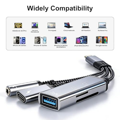4-in-1 USB C to 3.5mm Headphone Audio Adapter with 60W PD Fast Charging, USB OTG Dongle & TF/SD Card Reader, Hi-Res DAC Splitter Compatible with iPhone15/16, iPadPro, MacBook, Galaxy S23 and most