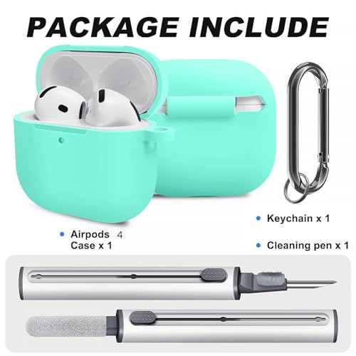 for Airpods 4th Case Cover, Come with Cleaner Kit,Soft Skin Silicone Case Cover with Keychain, Front LED Visibl, Full Protective Case，Compatible with AirPods 4th(Mint Green) - color: B3-Mint Green