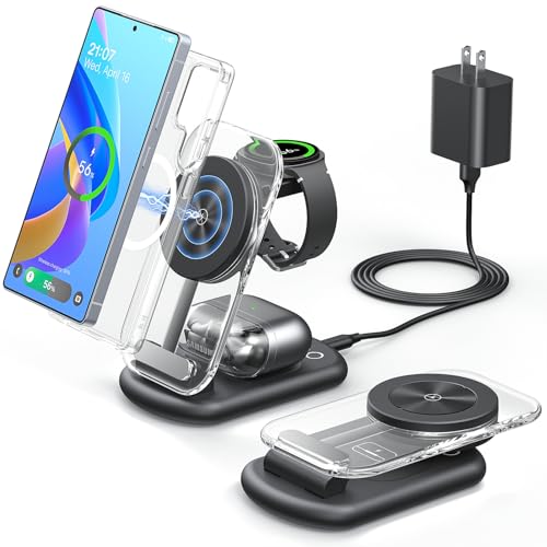 Meifigno 3 in 1 Magnetic Wireless Charging Station for Samsung, Foldable MagSafe Charger Stand with Switchable Night Light for Galaxy S26/S25/Z Fold 7, Watch Charger for Galaxy Watch Ultra 8, for Buds
