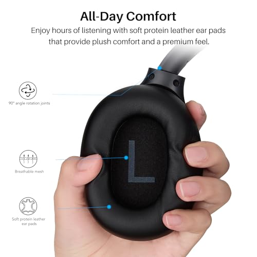 TOZO HT3 Hybrid Noise Cancelling Wireless Headphones, 90H Over Ear Headset | Hi Res Audio, AI Voice Assistant, Dual Device Connection, 32 Custom EQs, Built In 5 Mics, ANC, Foldable, Bluetooth 6.0 - color: Titanium Black