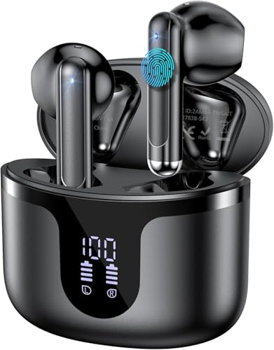 Wireless Earbuds, Bluetooth 5.4 Headphones HiFi Stereo with 4 HD Mic, 50H Playtime Bluetooth Earbuds with Dual LED Display, IPX7 Waterproof Wireless Earphones, Touch Control Ear Buds,USB-C, Black