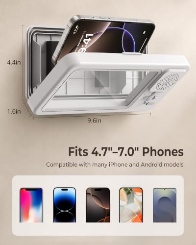 Shower Phone Holder Waterproof with Wireless Bluetooth Speaker | IP67, Anti-Fog HD Touch Screen, Bathroom Wall Mount Phone Case, 360° Rotating, Hands-Free Calls, Fits 4.7-7" Phones